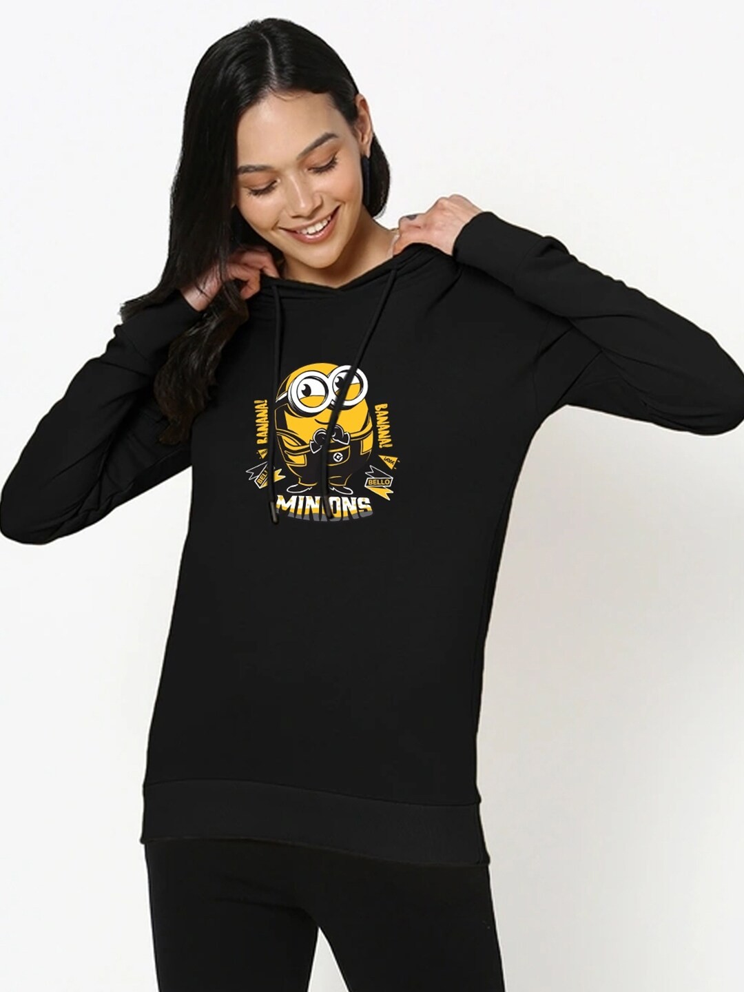 

Bewakoof Women Black Graphic Printed Hooded Sweatshirt