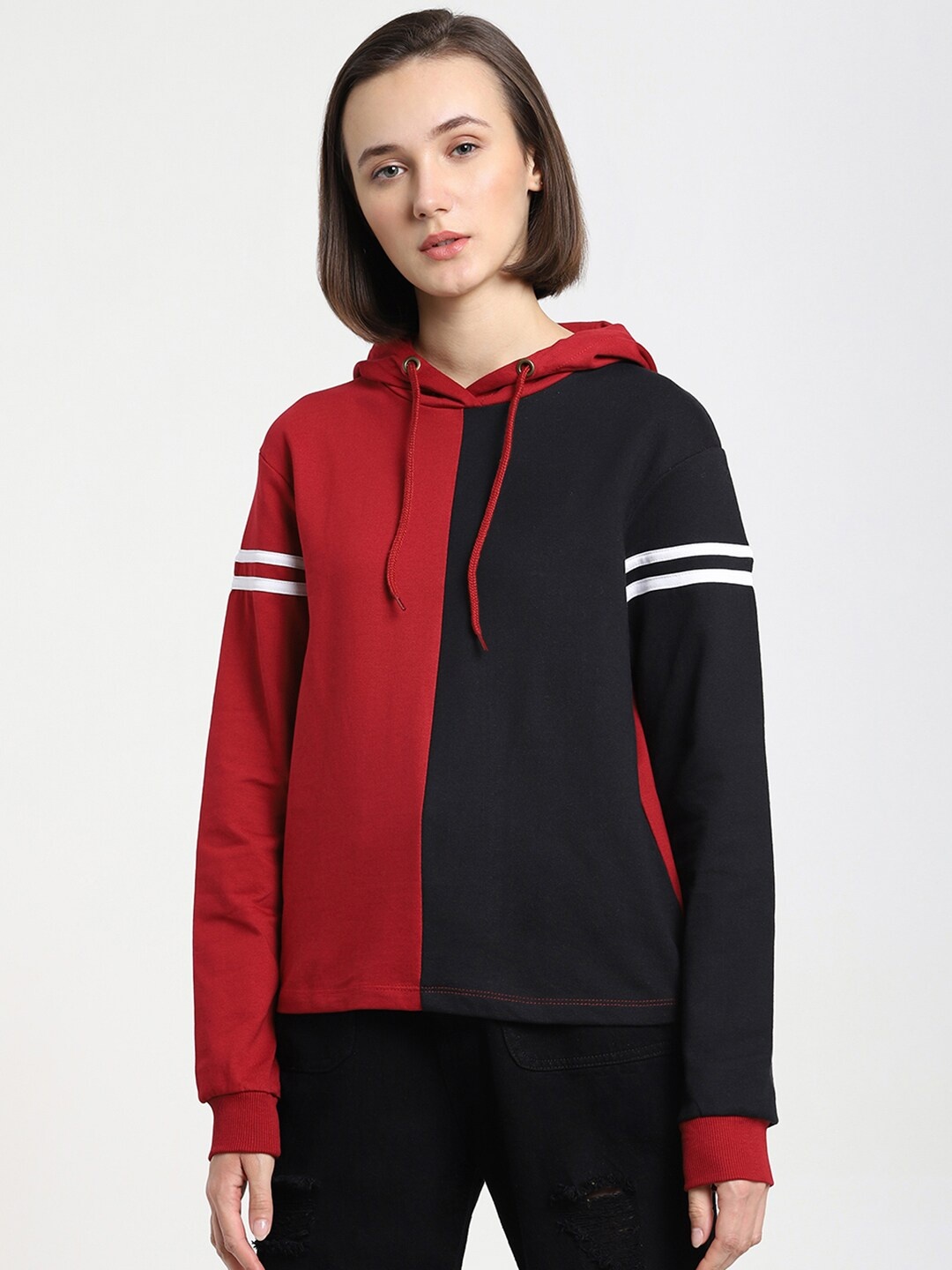 

Bewakoof Women Red & Navy Blue Colourblocked Hooded Sweatshirt