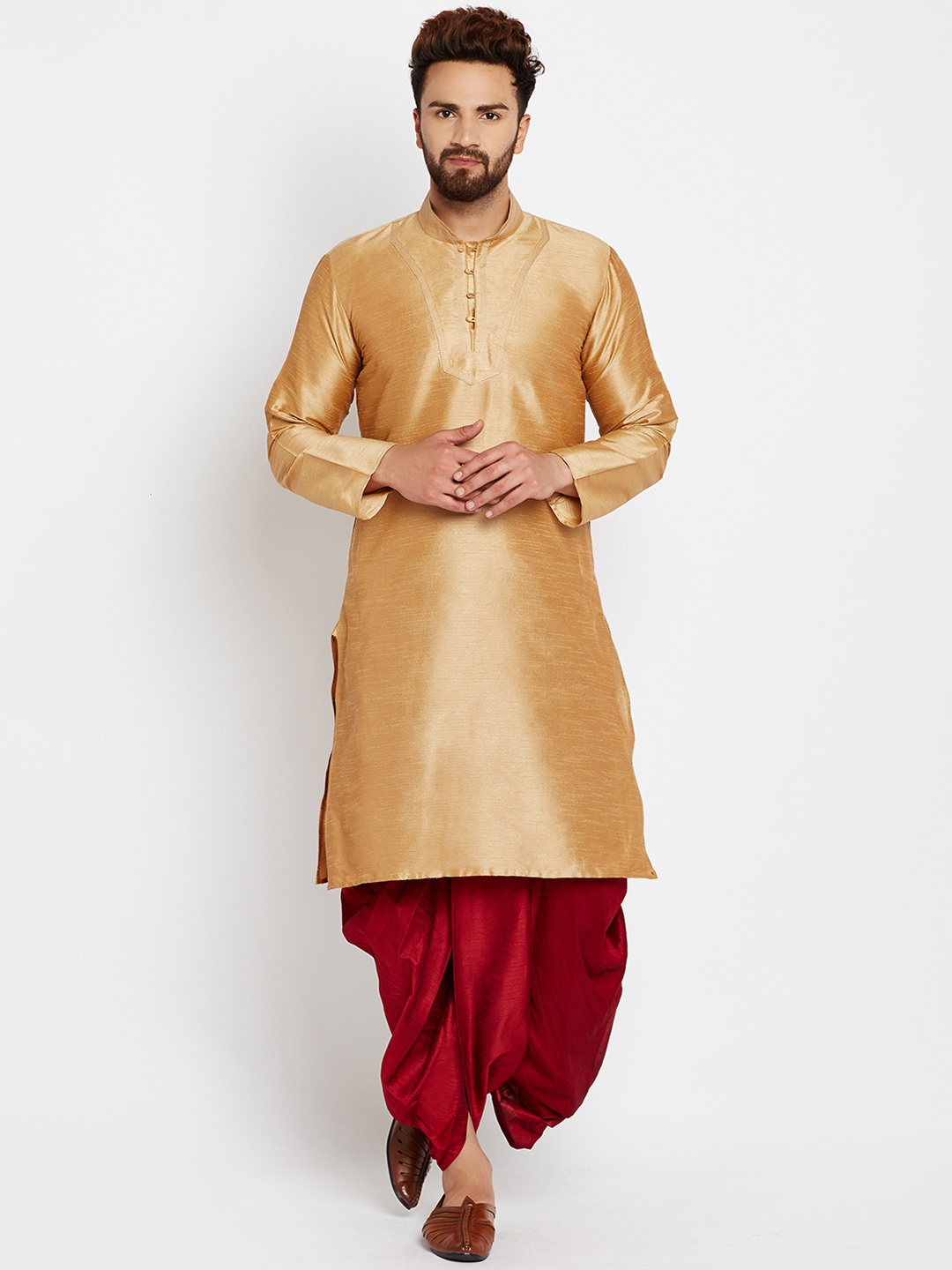 

SOJANYA Men Golden & Maroon Solid Kurta with Dhoti Pants, Gold