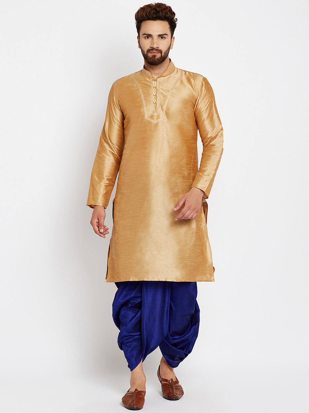 

SOJANYA Men Golden & Navy Solid Kurta with Dhoti Pants, Gold