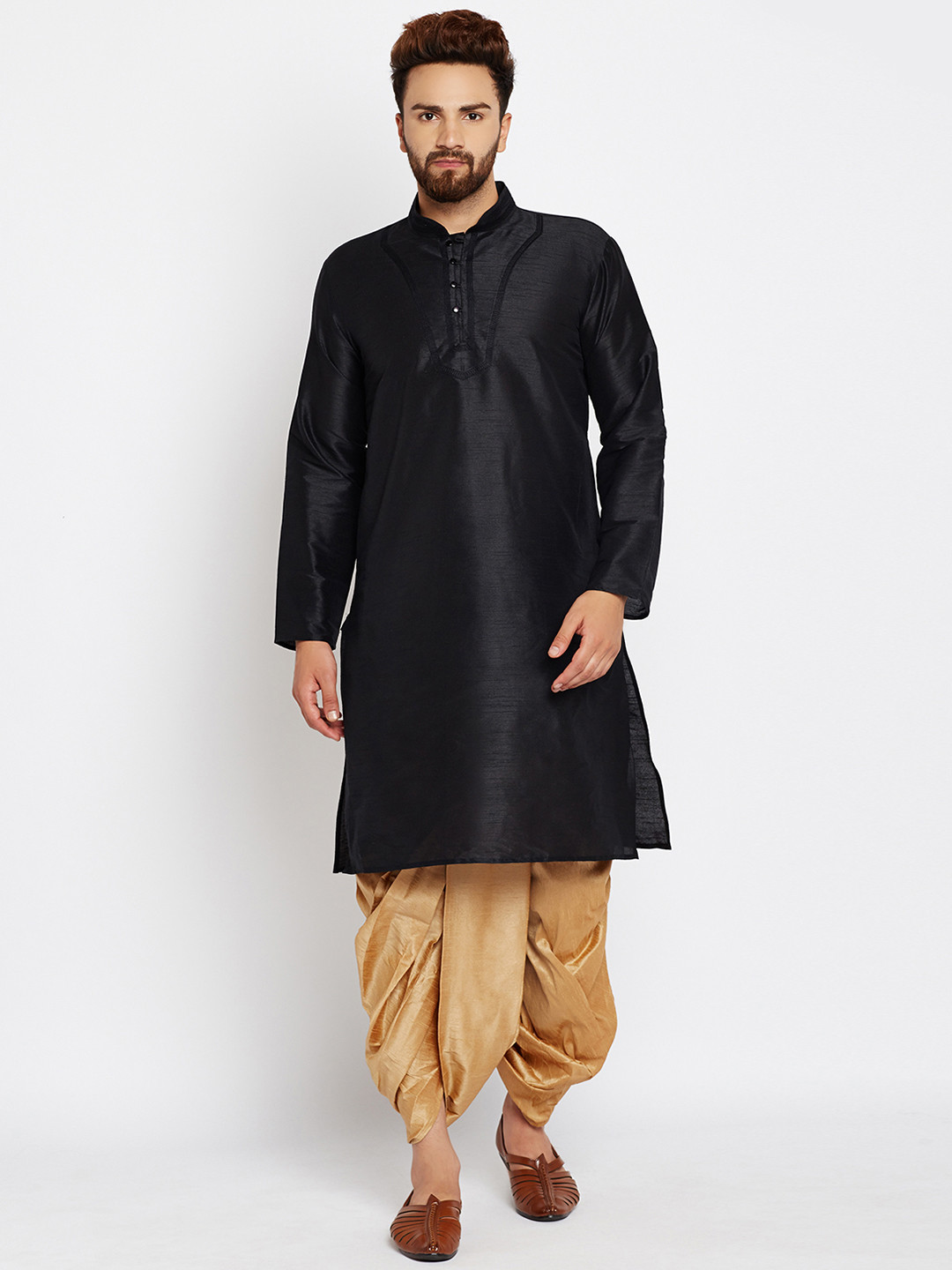 

SOJANYA Men Black & Golden Solid Kurta with Dhoti Pants