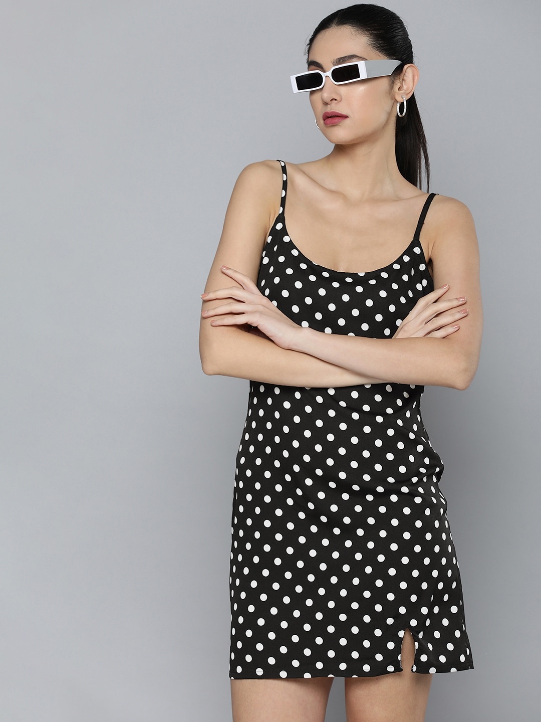 

Harvard Inky Black & White Party Lity Metallic Sheen Polka Dot Sheath Dress