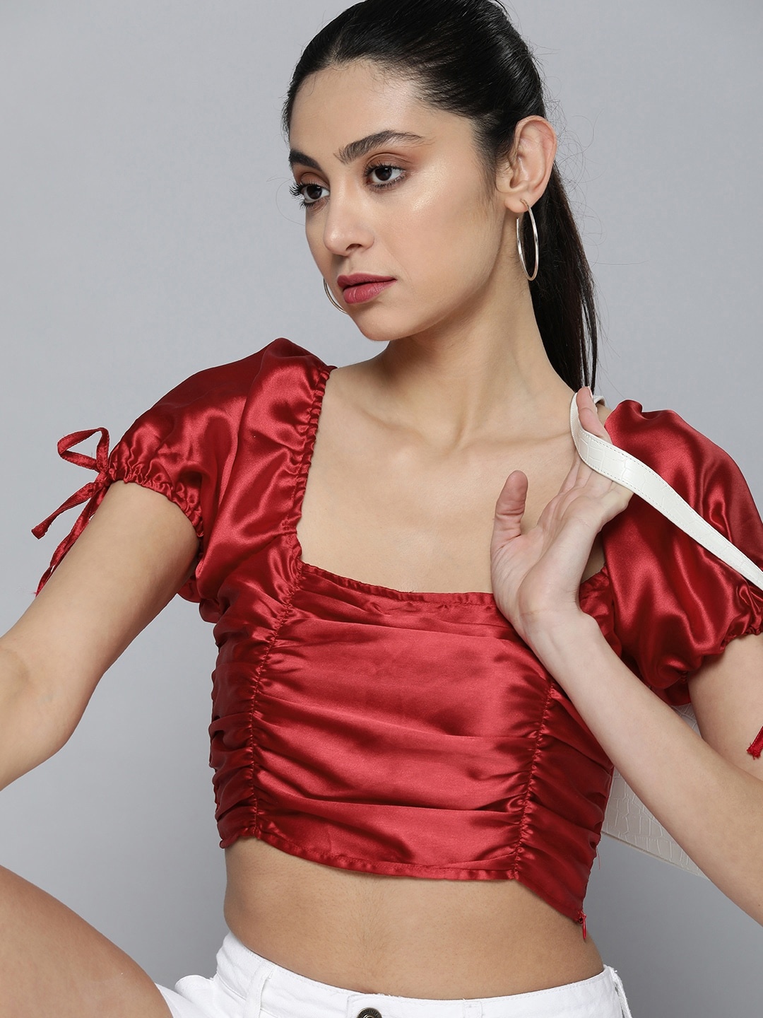 

Harvard Hot Red Party Lity Metallic Sheen Satin Crop Top