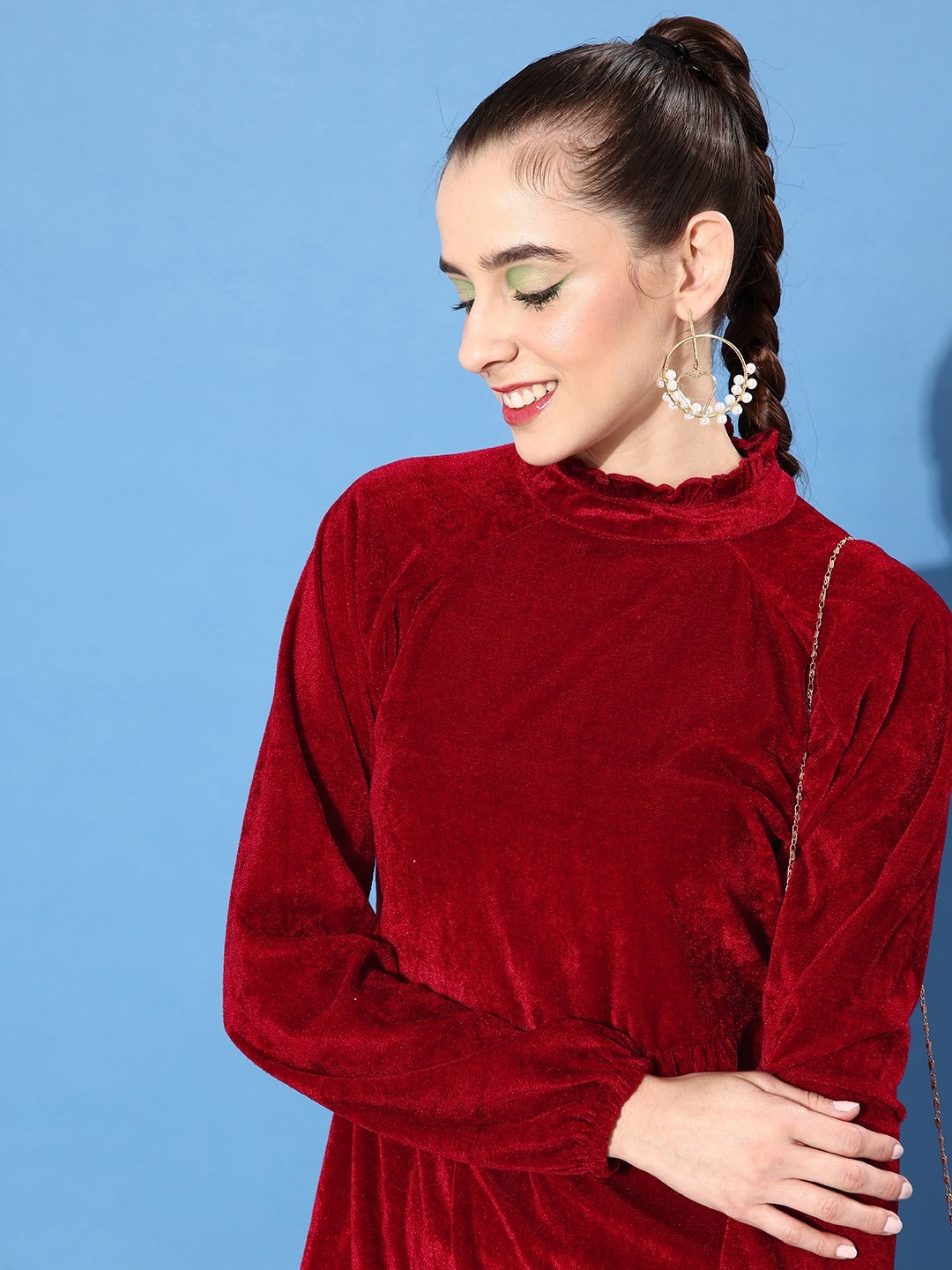 

Harvard Royal Maroon Solid High Neck Party Lity Velvet A-Line Dress