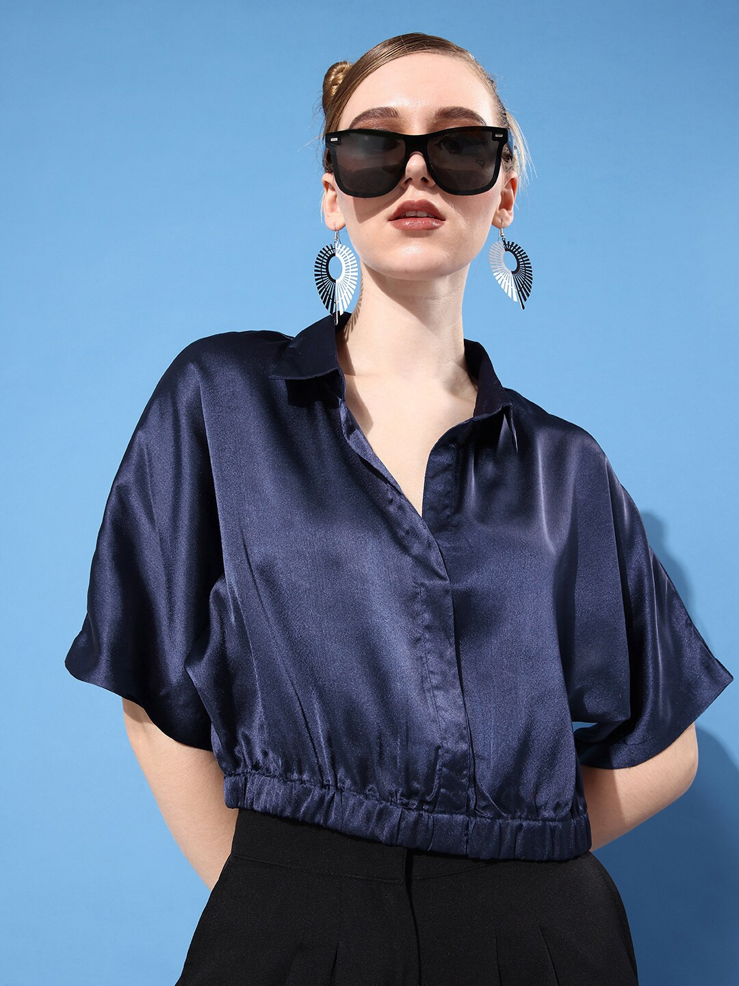 

Harvard Navy Blue Shirt Style Satin Party Lity Metallic Sheen Crop Top