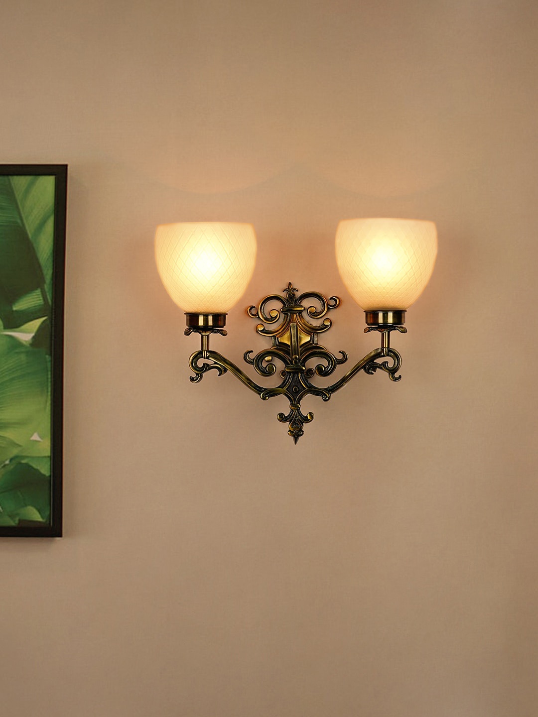 

Fos Lighting Gold-Toned & White Wall Sconce With Frosted Diamond Glass Shades