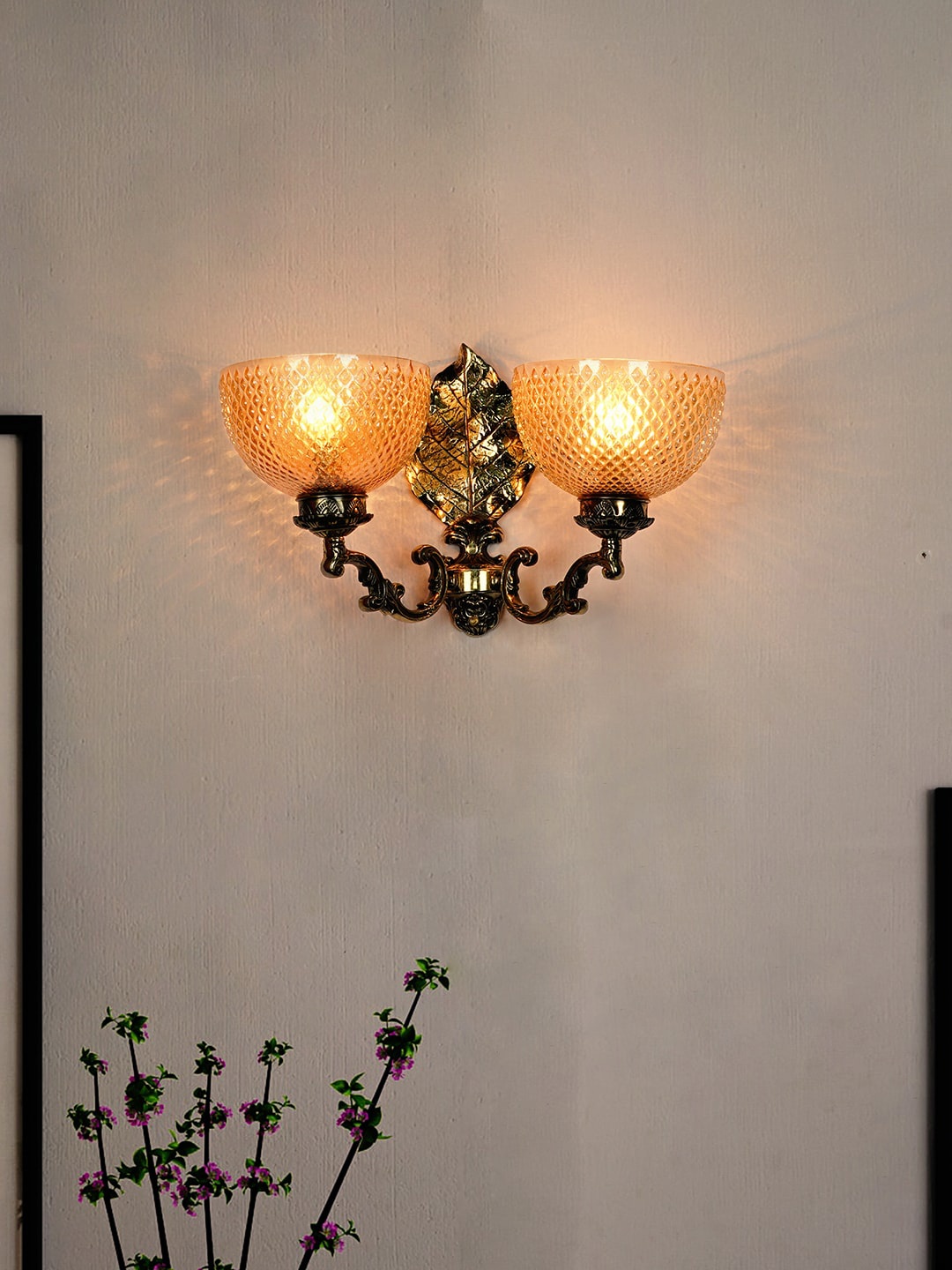 

Fos Lighting Gold-Toned & Brown Wall Sconce With Textured Bowl Glass Shades