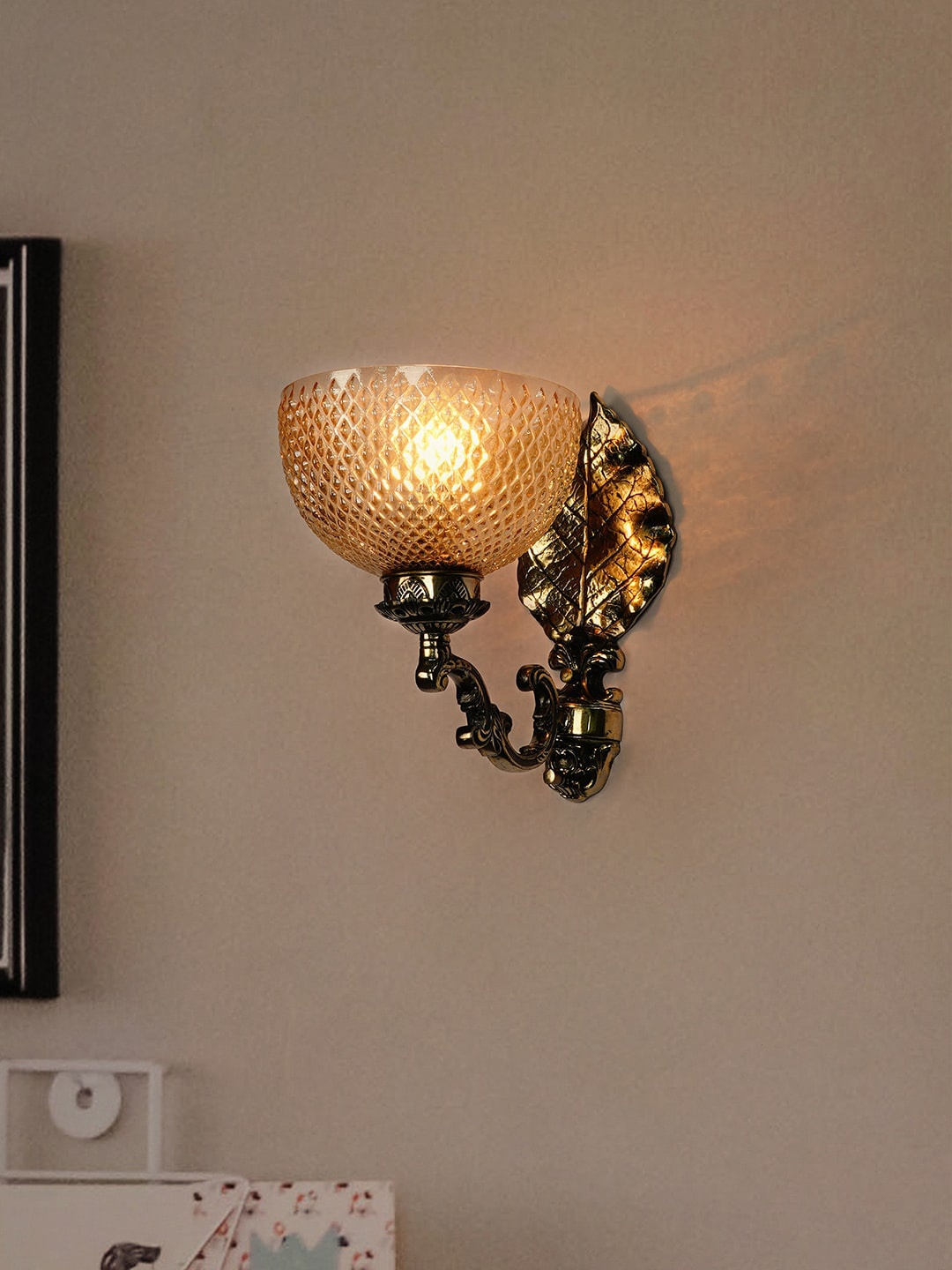 

Fos Lighting Gold-Toned & Brown Wall Lamp With Textured Bowl Glass Shade
