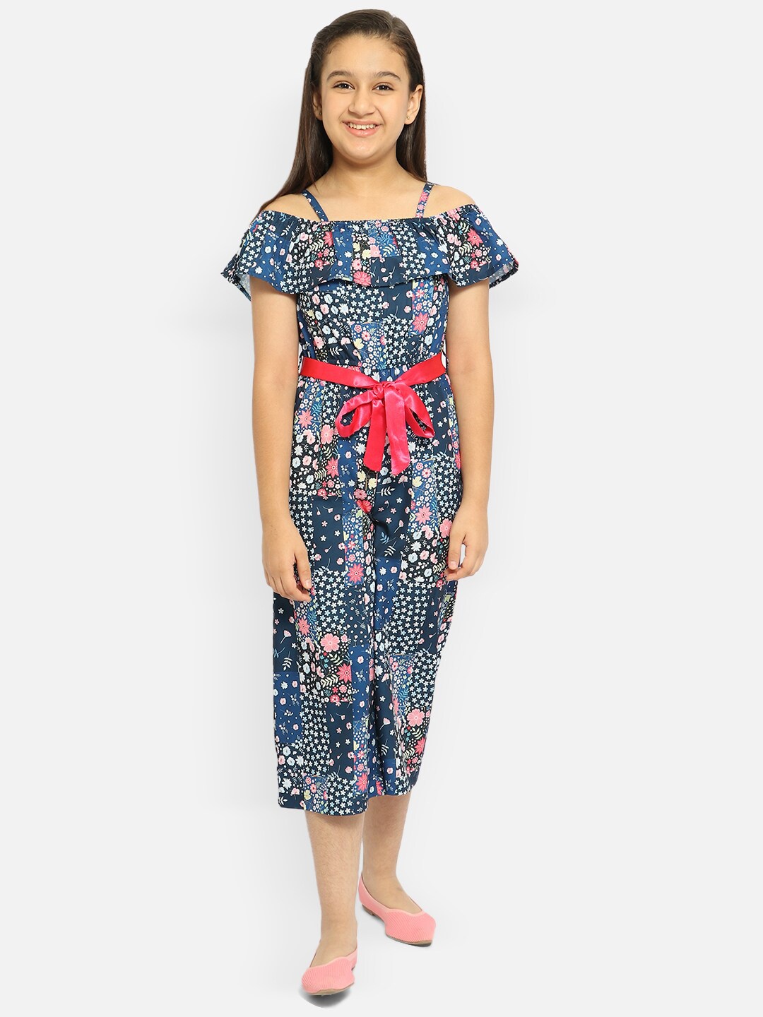 

Natilene Girls Blue & Red Off-Shoulder Printed Capri Jumpsuit