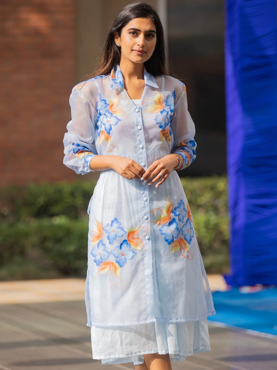 

Ambraee Blue Floral Shirt Sheer Midi Dress