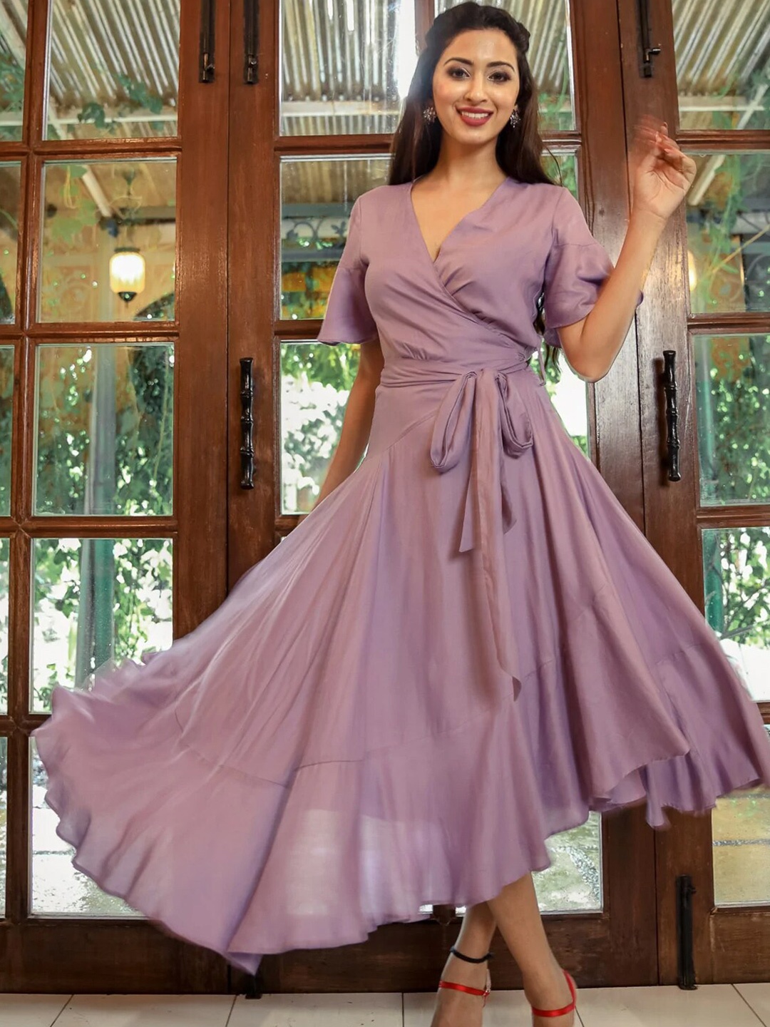 

Ambraee Lavender Solid Satin Wrap Dress
