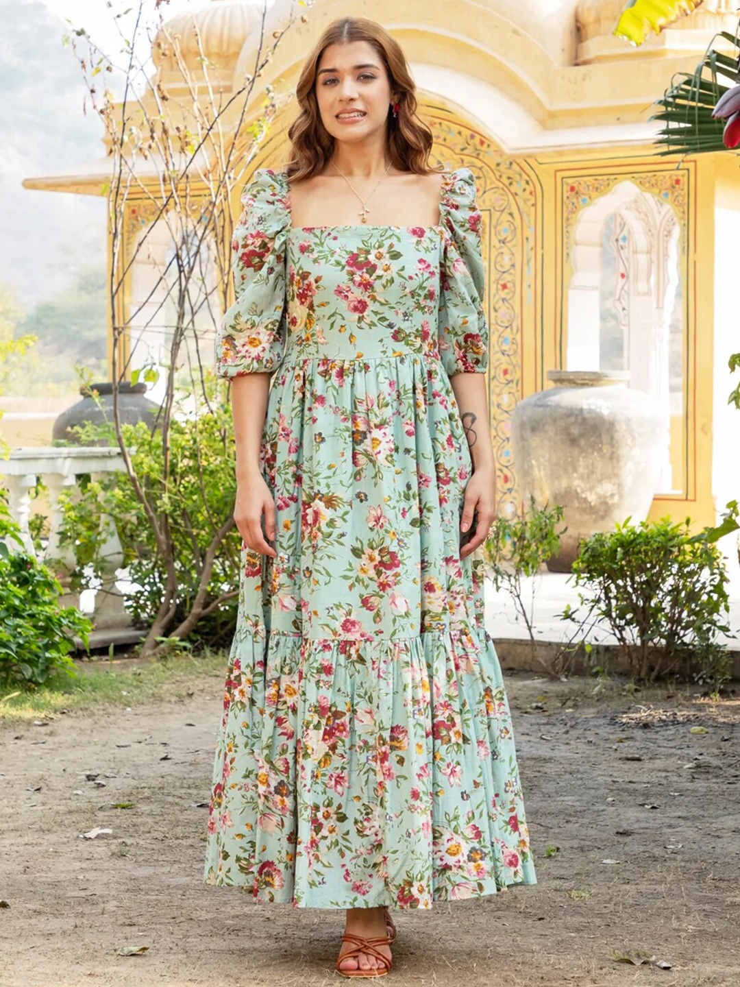 

Ambraee Women Sea Green & Pink Floral Printed Tiered A-Line Maxi Dress