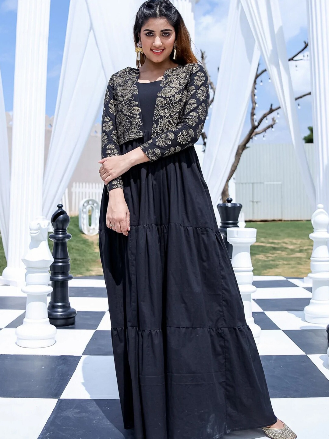 

Ambraee Black Maxi Tiered Dress With Jacket