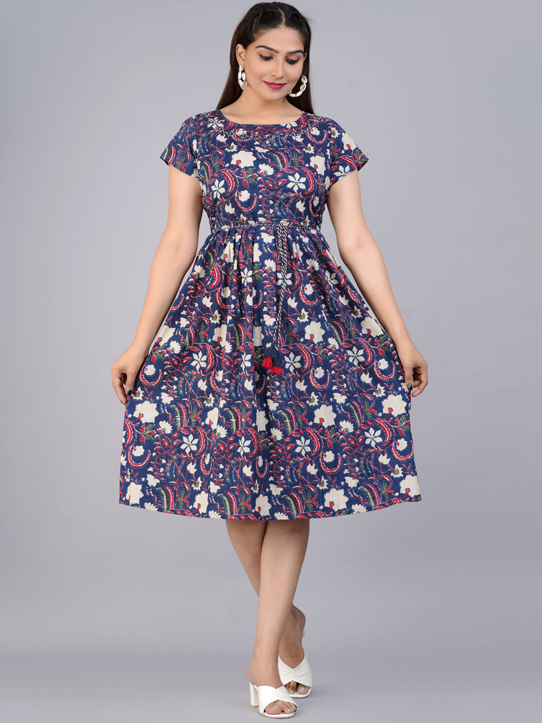 

PREKSHA Blue & Pink Floral Printed Ethnic Cotton A-Line Dress