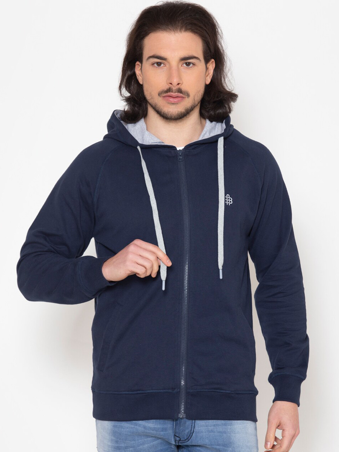 

Bonjour Men Navy Blue Fleece Open Front Jacket