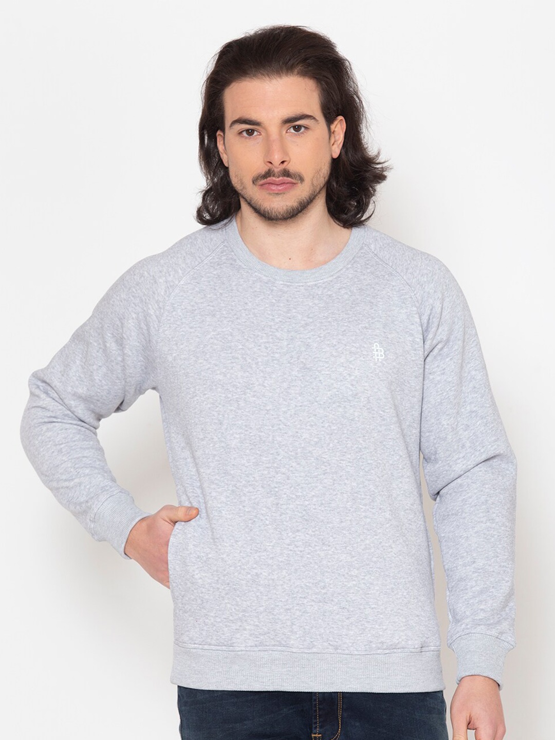 

Bonjour Men Grey Melange Solid Fleece Long Sleeves Sweatshirt