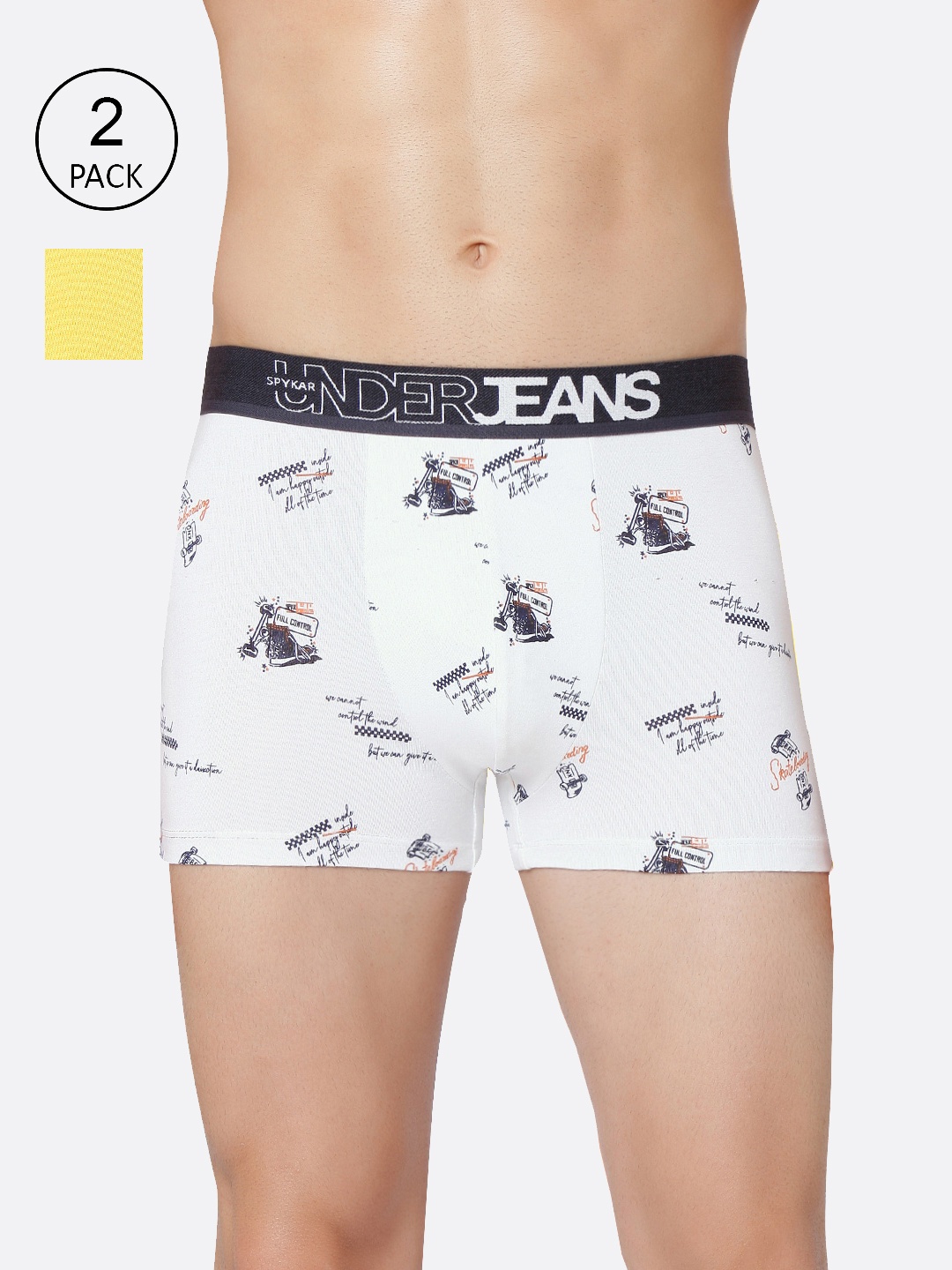 

UnderJeans by Spykar Men Pack Of 2 White & Yellow Printed Trunks