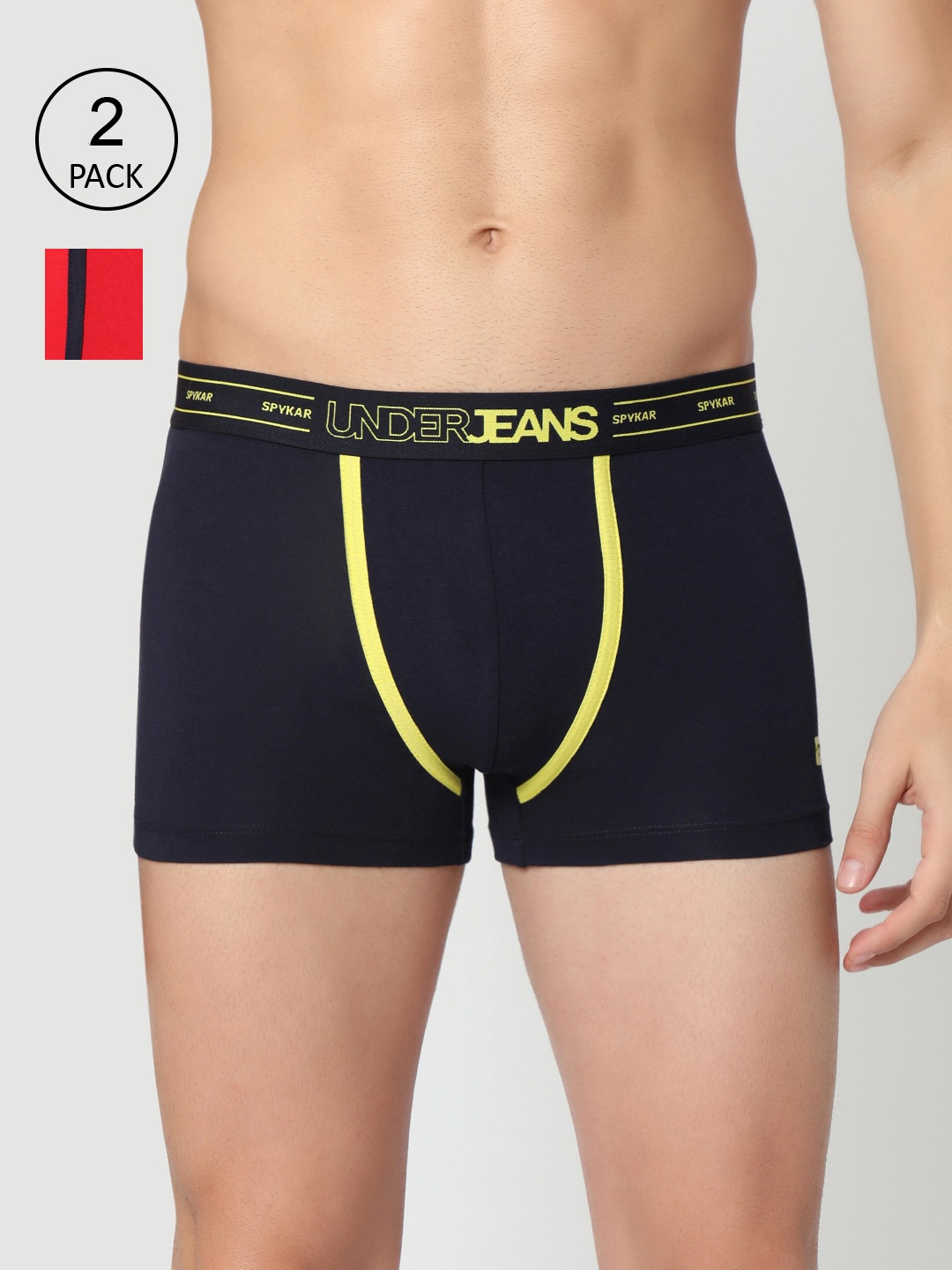 

UnderJeans by Spykar Men Pack Of 2 Navy Blue & Red Solid Trunks