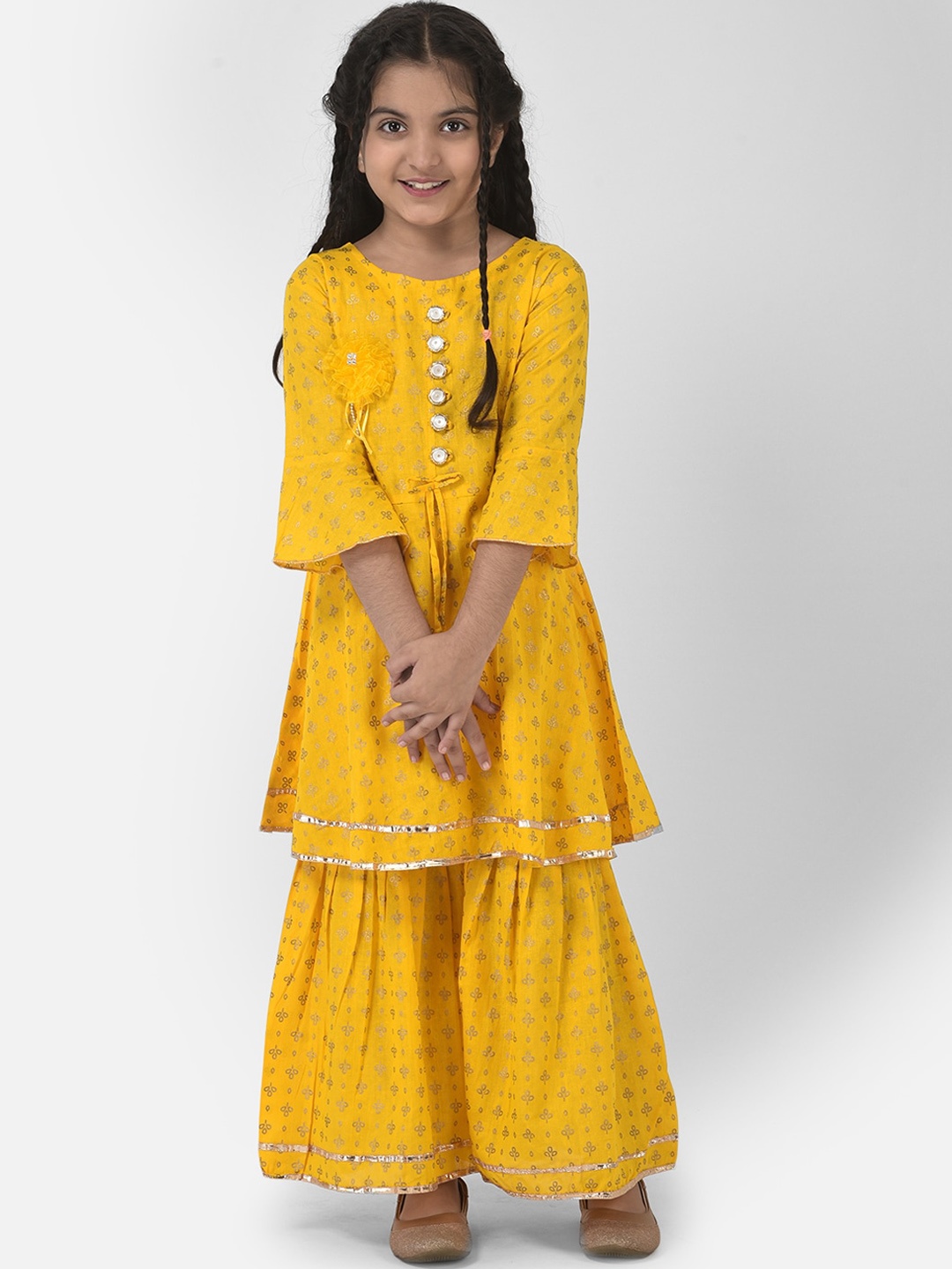 

Elendra jeans Girls Yellow & Gold Ethnic Motifs Printed A-Line Kurta with Sharara