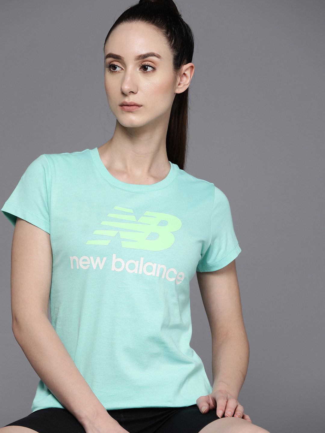 

New Balance Women Brand Logo Printed Pure Cotton T-shirt, Green