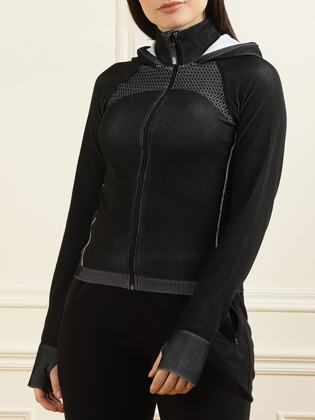 

DKNY Women Black Colourblocked Lightweight Open Front Jacket