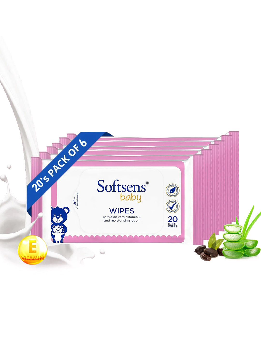 

Softsens Baby Set of 6 Gentle Cloth Wipes for Baby Skin with Aloe Vera & Vit E, Pink