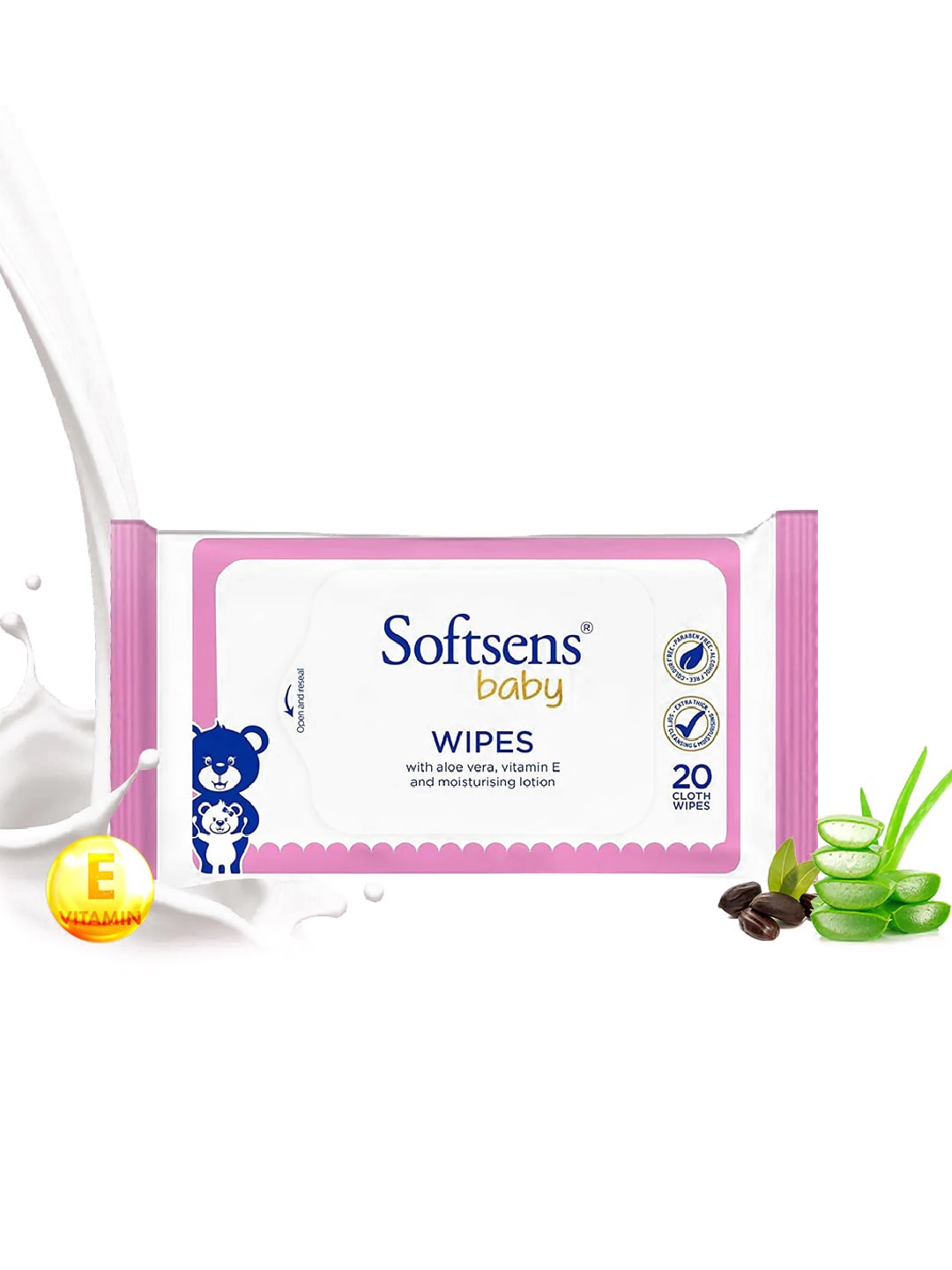 

Softsens Kids Bio-Degradable Baby Wipes with Aloe Vera & Vitamin E - 20 Wipes, Pink