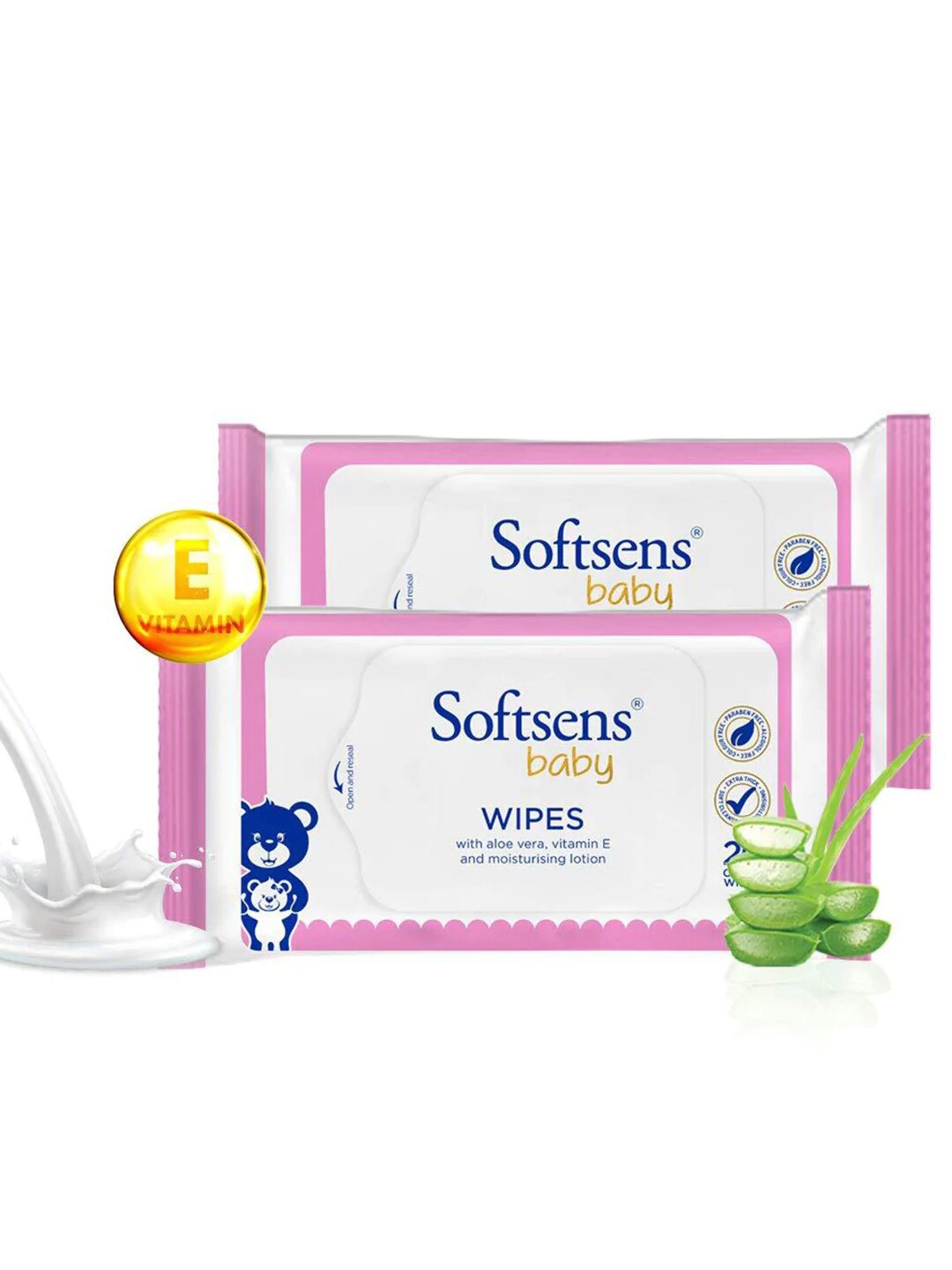 

Softsens Kids Set Of 2 Bio-Degradable Baby Wipes with Aloe Vera & Vitamin E- 20 Wipes Each, Pink