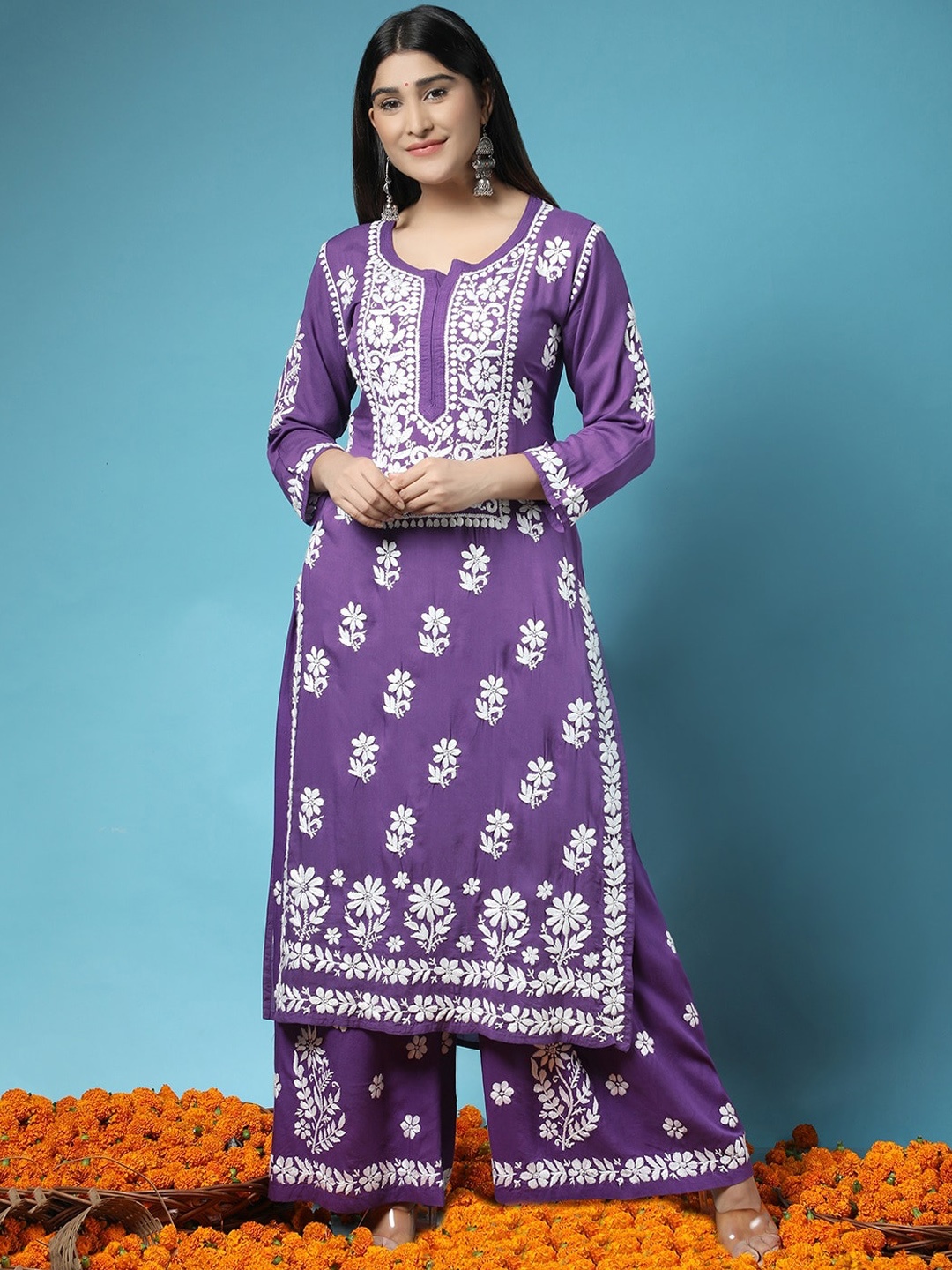 

HOUSE OF KARI Women Purple Floral Embroidered Chikankari Pure Cotton Kurta with Palazzos