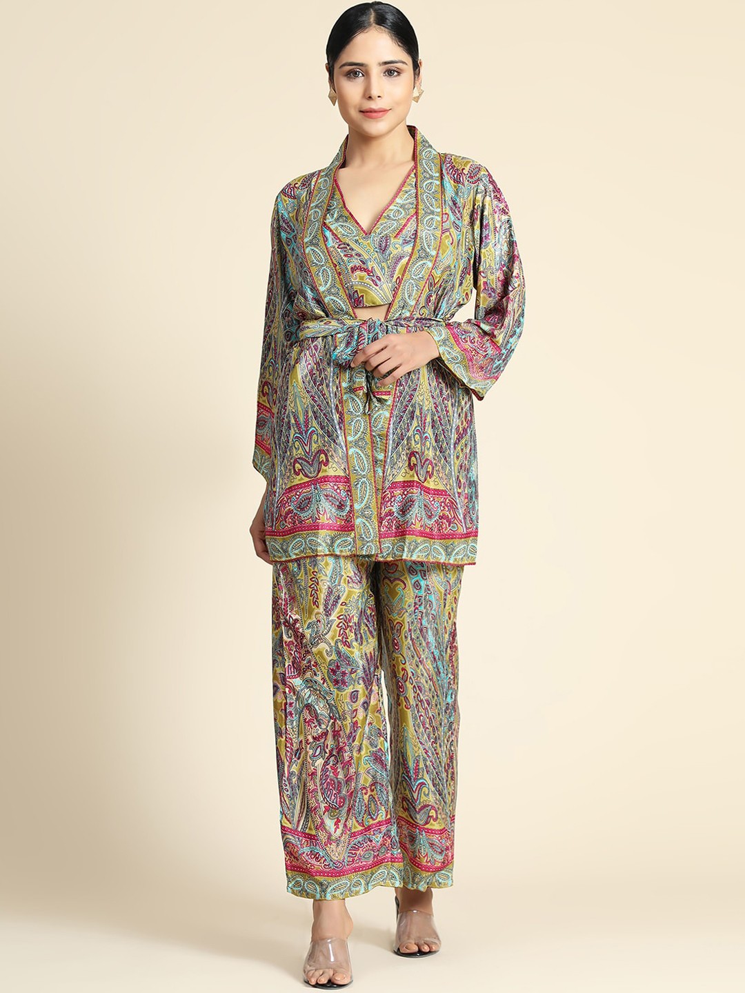 

HOUSE OF KARI Women V-Neck Kimono Trouser Co-Ords Set, Multi