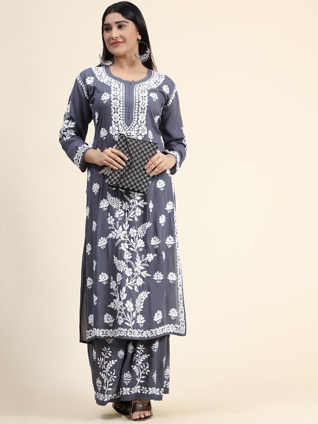 

HOUSE OF KARI Women Floral Embroidered Chikankari Pure Cotton Kurta with Palazzos, Grey
