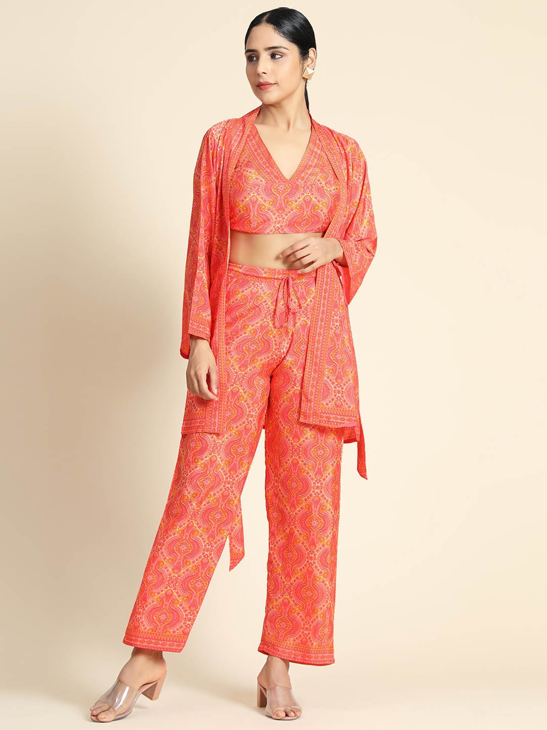 

HOUSE OF KARI Women Orange Printed Silk Blend Co-Ords