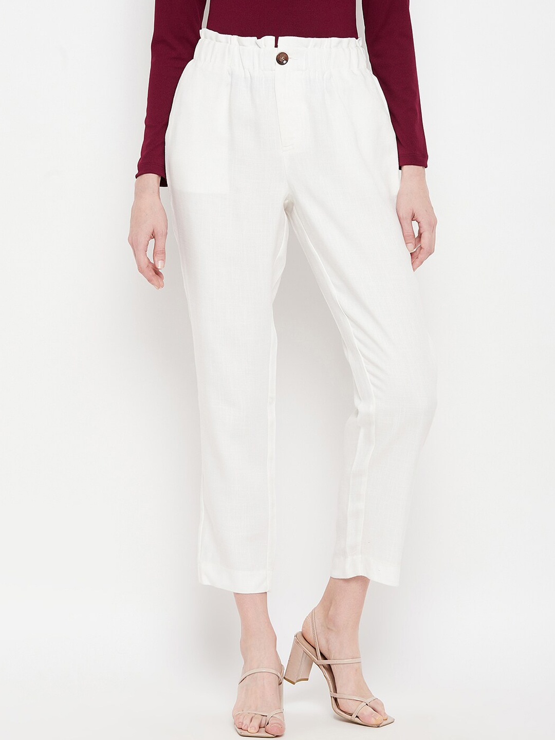 

Madame Women Off White Solid Trousers