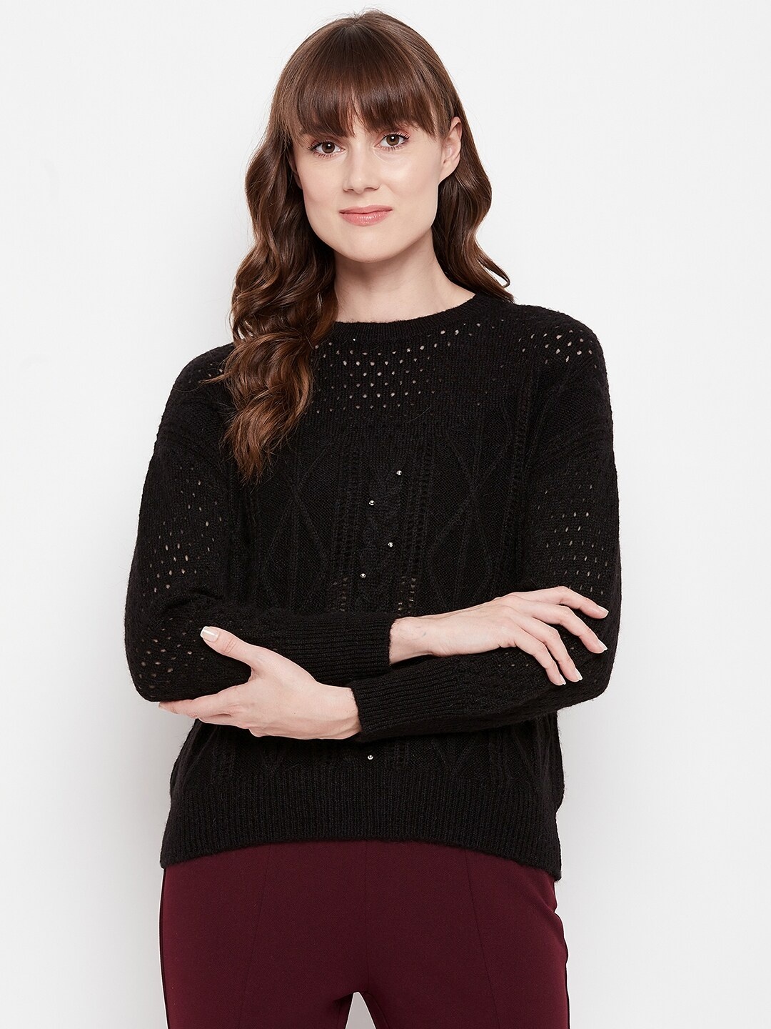 

Madame Women Plus Size Black Cable Knit Woolen Pullover