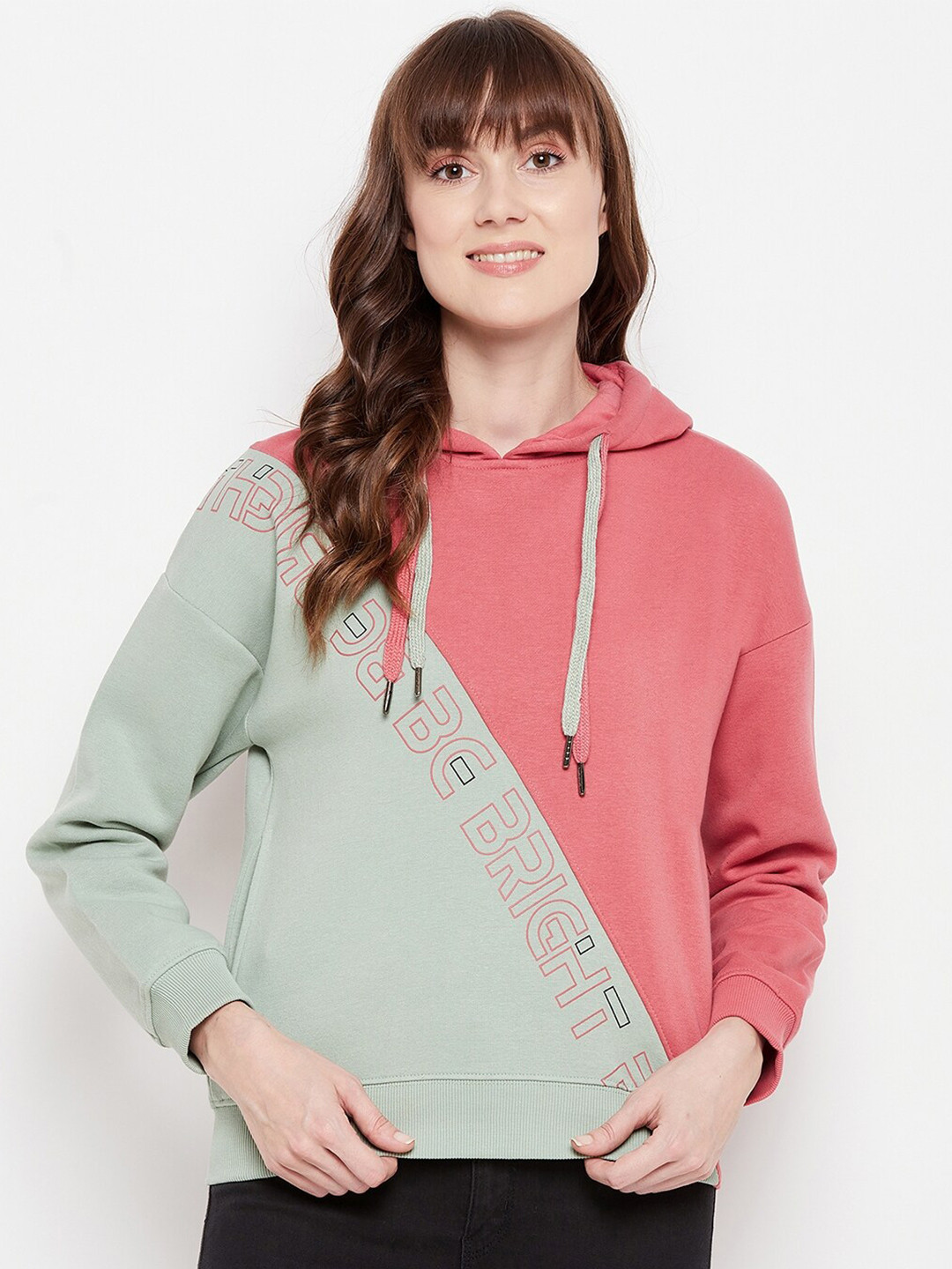 

Madame Women Green Colourblocked Hooded Sweatshirt