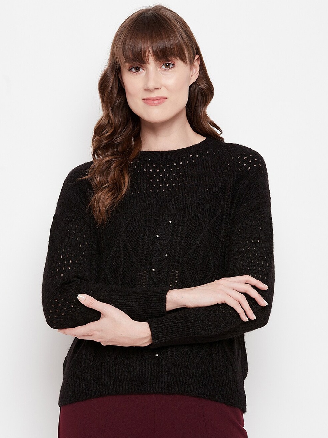 

Madame Women Black Woolen Cable Knit Pullover
