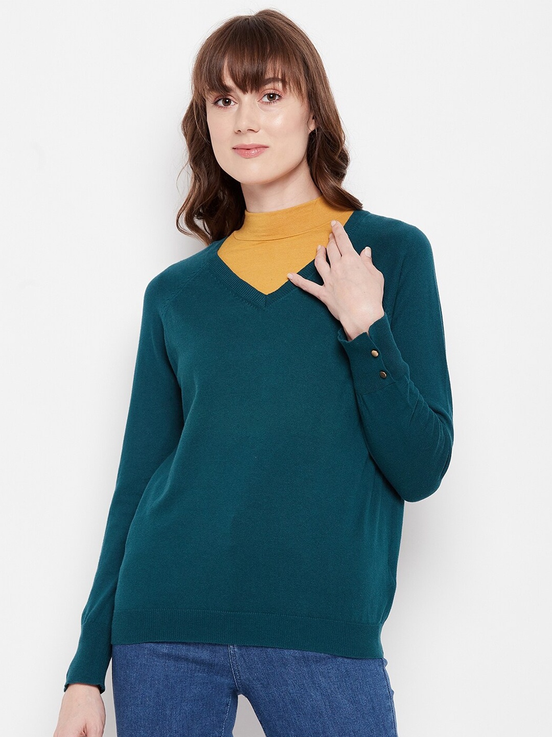 

Madame Women Teal Green Solid Woolen Pullover