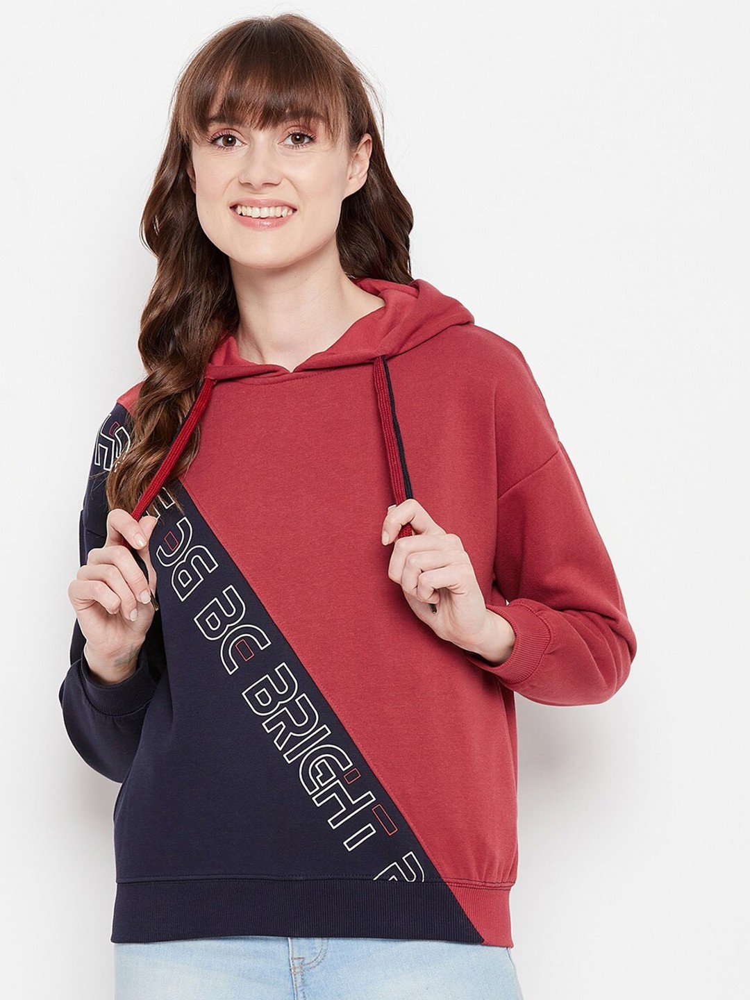 

Madame Women Red Colourblocked Hooded Sweatshirt