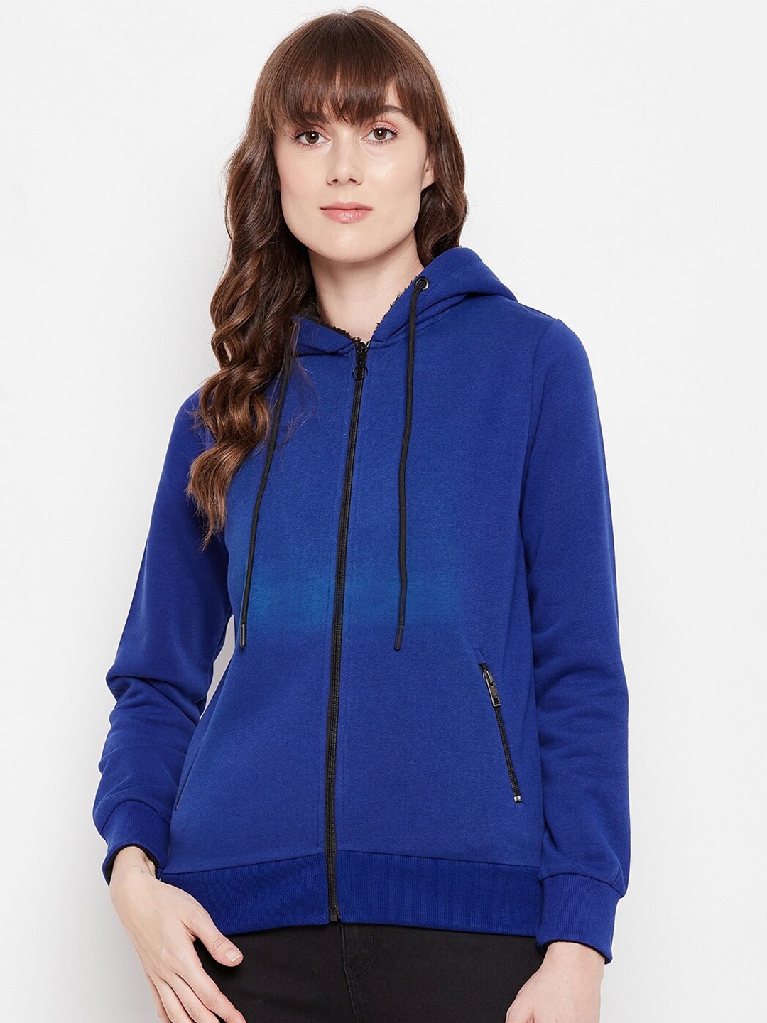 

Madame Women Blue Solid Hooded Sweatshirt