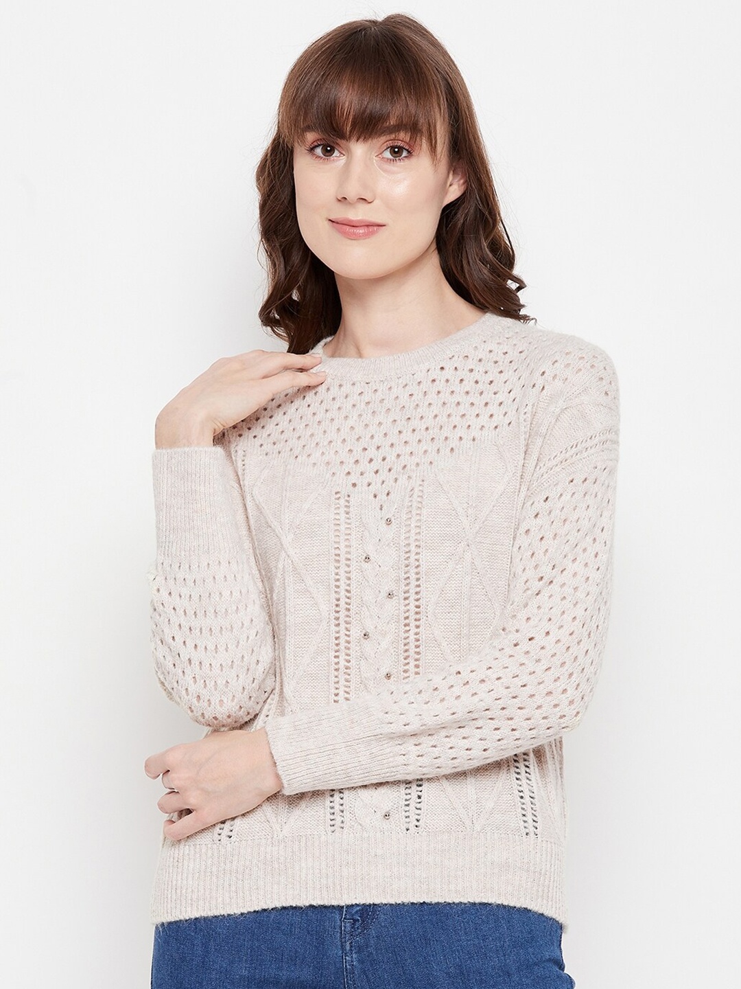 

Madame Women Beige Woolen Cable Knit Pullover