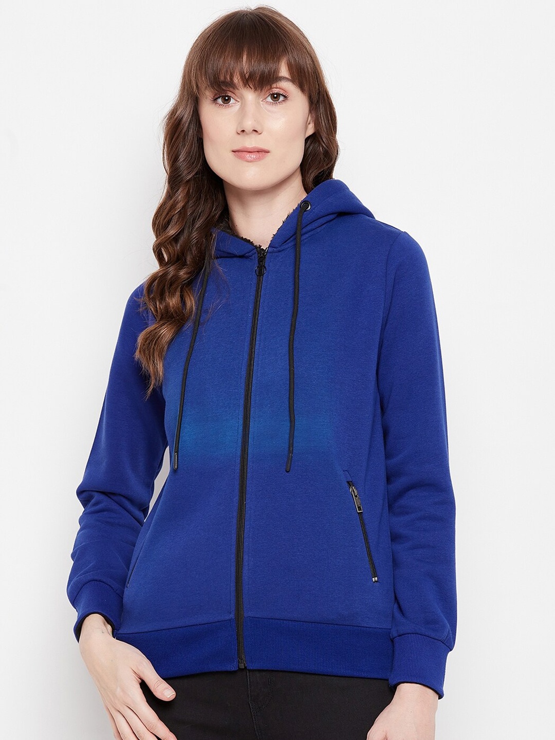 

Madame Women Blue Solid Hooded Sweatshirt