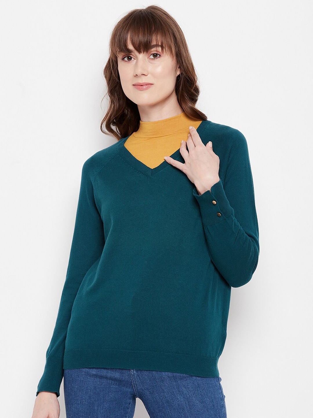 

Madame Women Teal Green Woolen Solid Pullover