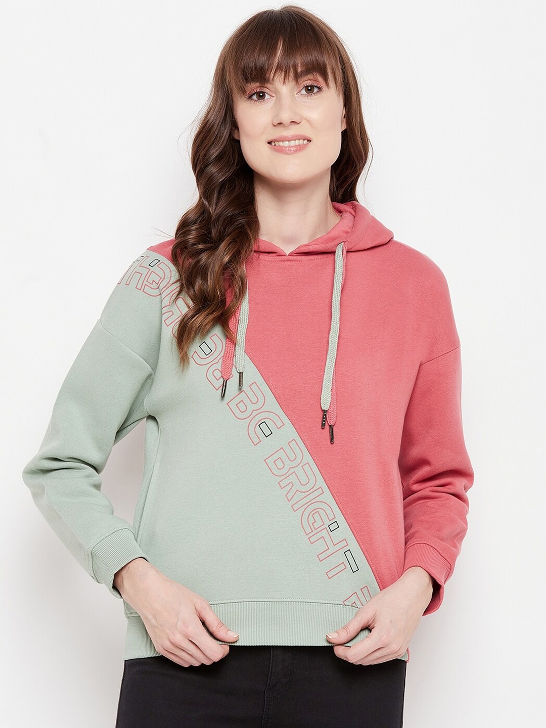 

Madame Women Green & Coral Colourblocked Hooded Sweatshirt