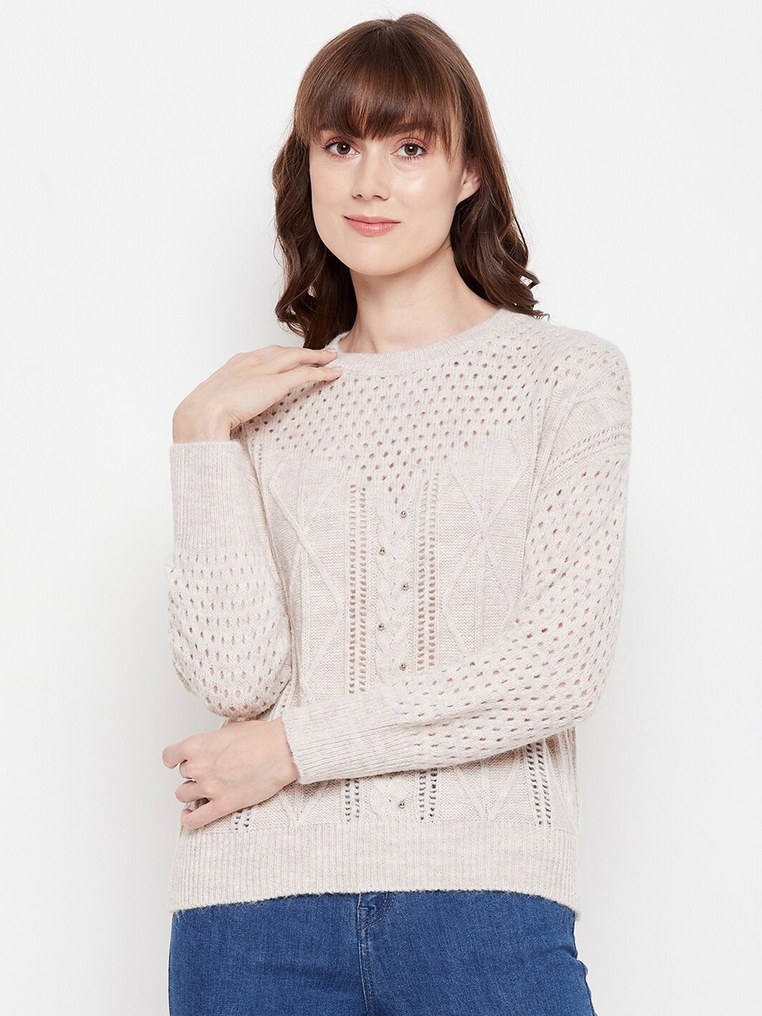 

Madame Women Beige Woolen Cable Knit Pullover