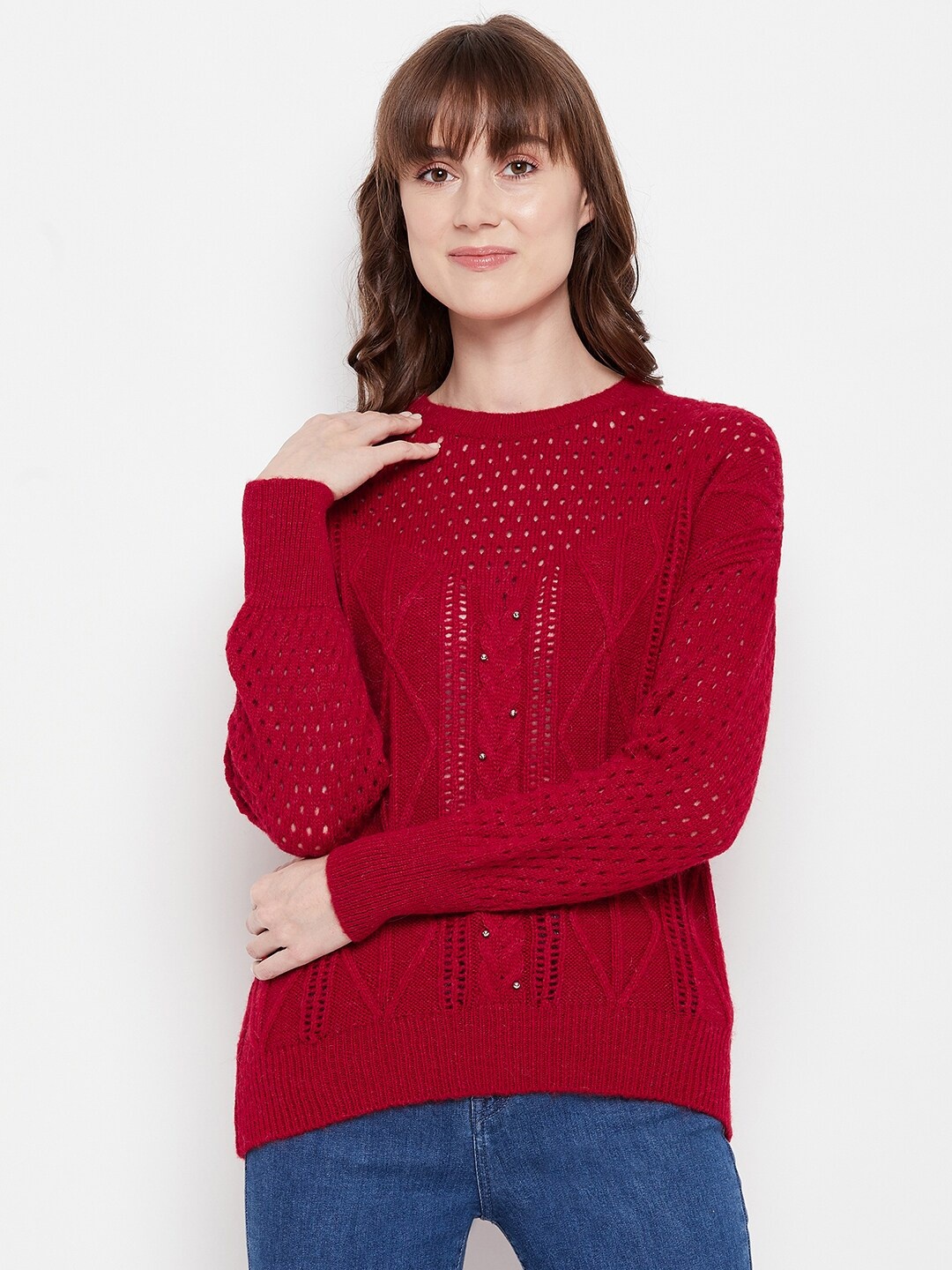 

Madame Women Red Woolen Cable Knit Pullover