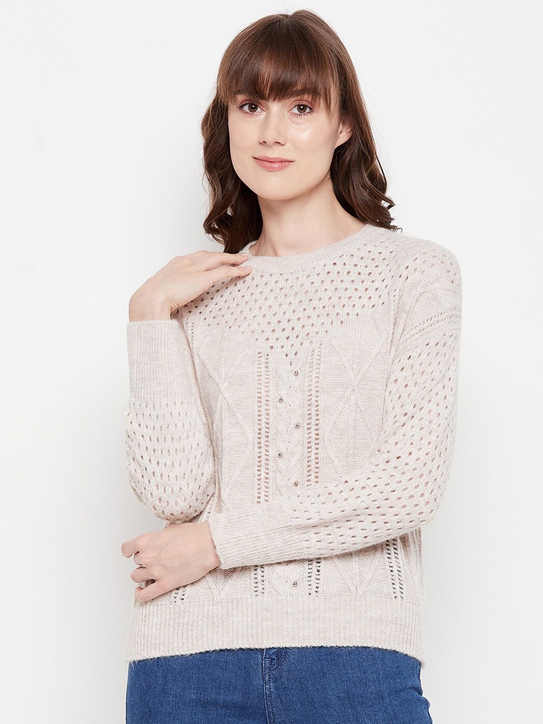 

Madame Women Beige Cable Knit Woolen Pullover