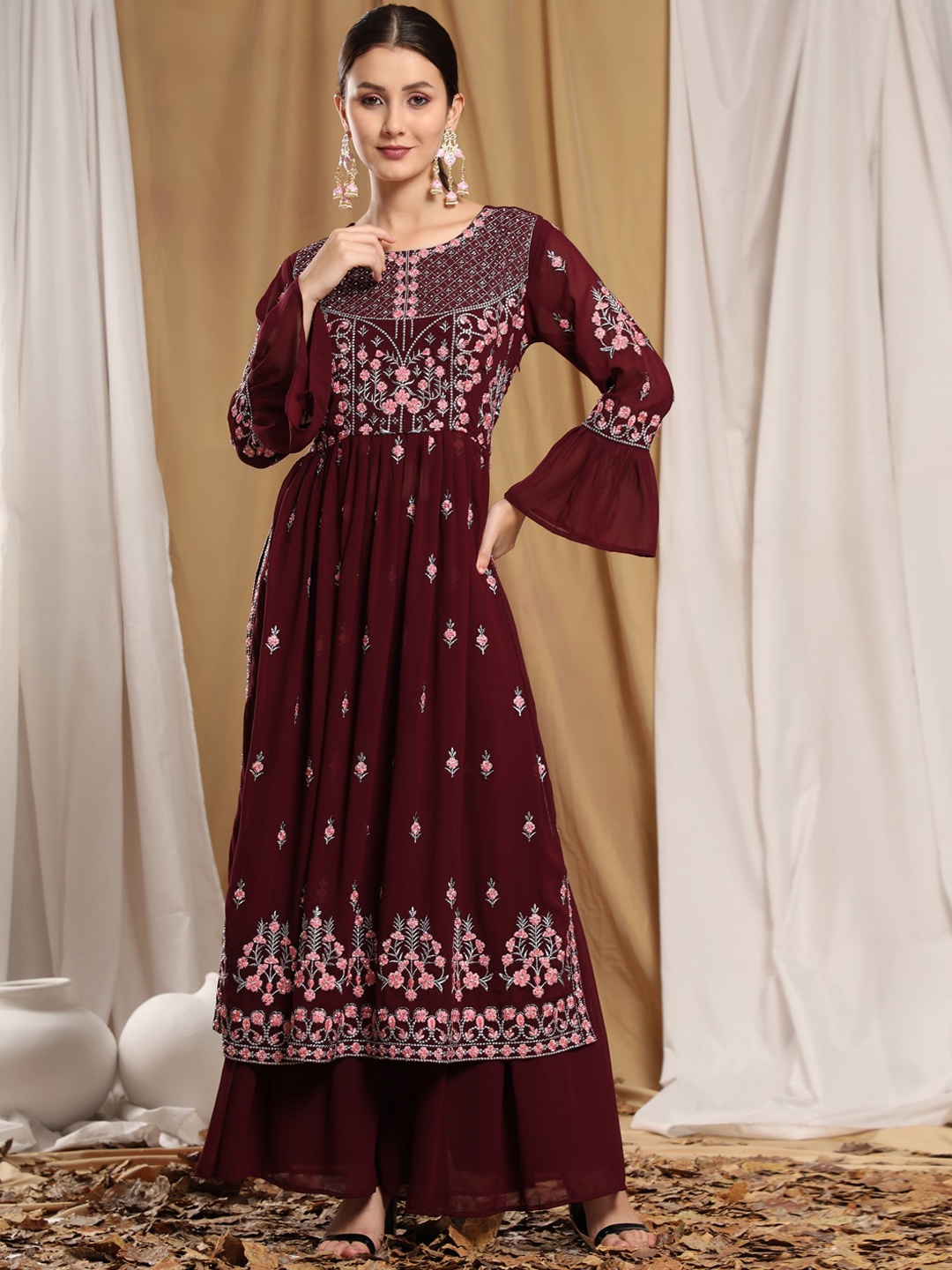 

KALINI Women Burgundy Floral Embroidered High Slit Kurti with Sharara