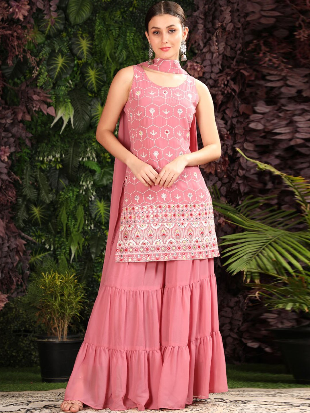 

KALINI Women Pink Ethnic Motifs Embroidered Kurti with Sharara & With Dupatta