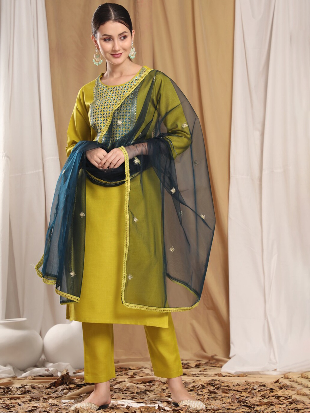 

KALINI Women Yellow Embroidered Pure Cotton Kurta with Trousers & With Dupatta