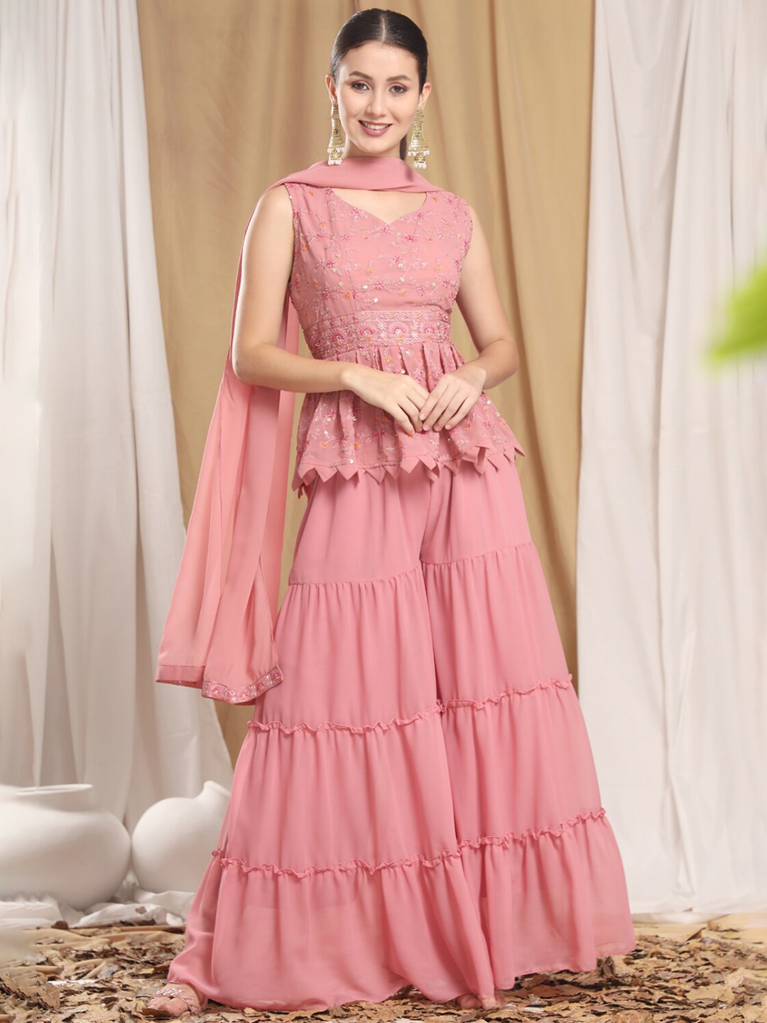 

KALINI Women Pink Floral Embroidered Pleated Kurti with Sharara & With Dupatta